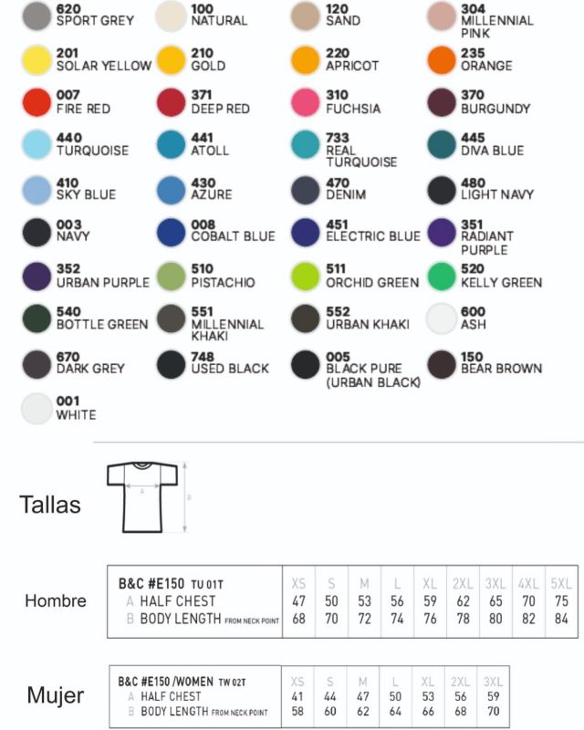 Estas son los colores de las camisetas disponibles, junto con las tallas para Mujer y Hombre…el corte de hombre es el típico tubular, el de la mujer tiene la forma más  ajustada al cuerpo. Y los colores de los dibujos son mucho más variados…