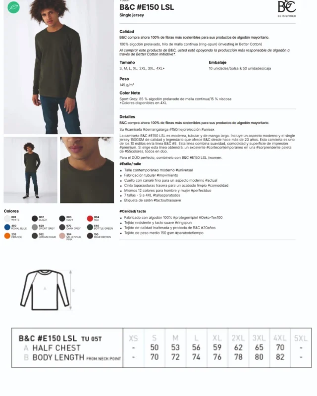 Tallas de camiseta para hombre, manga larga